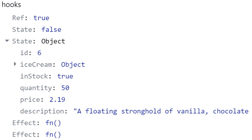 The hooks block in the new Devtools, displaying state and other hooks. A complex state object has been opened to show the values inside