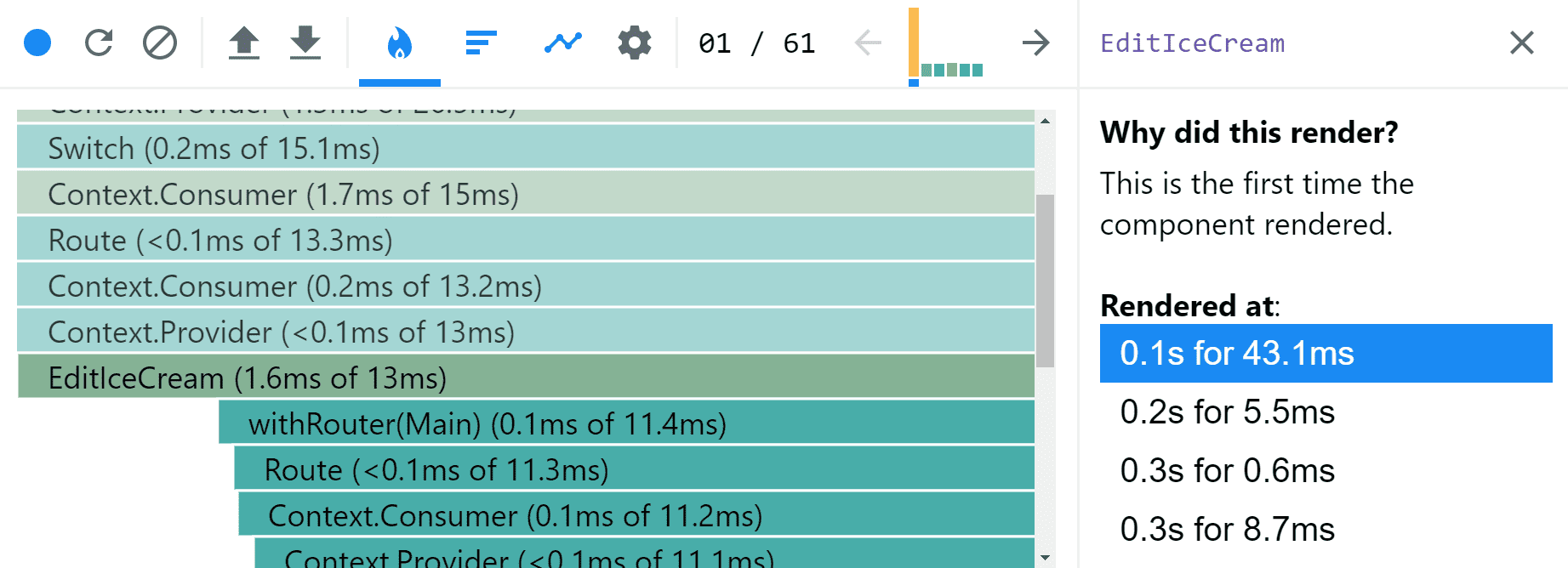 Render profile in the Devtools with flame graph, rendering times summary and render reason